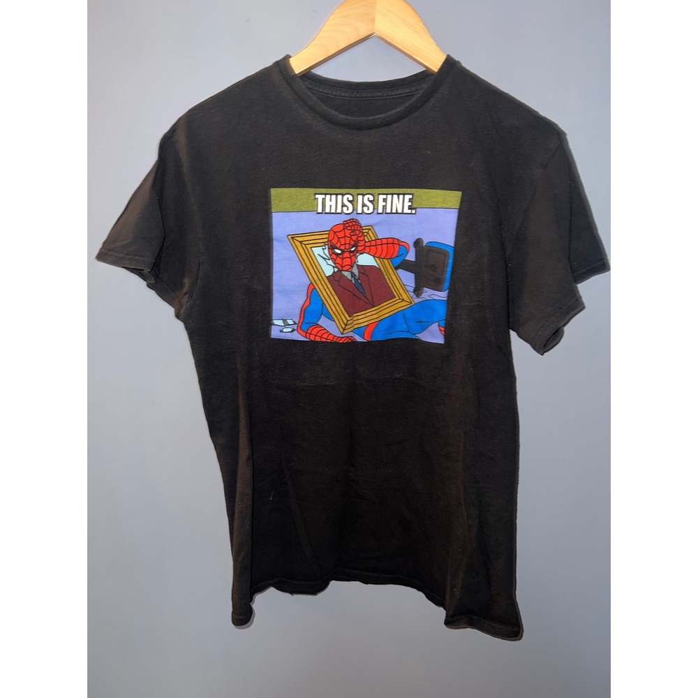 Marvel Spider-Man This Is Fine Meme Graphic T-Shirt Mens Medium Black Cotton Tee